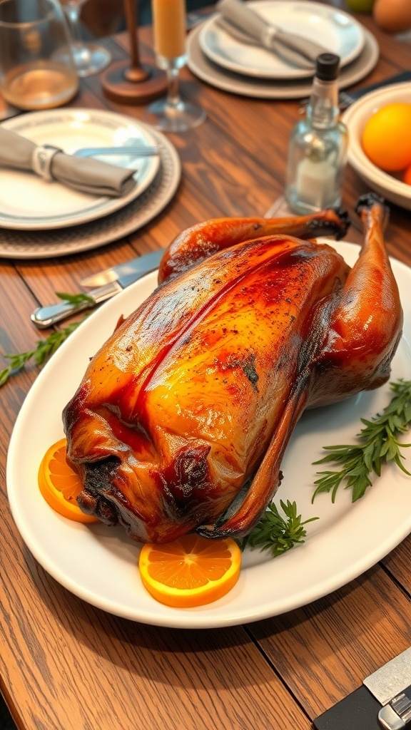 A whole roasted duck with crispy skin, garnished with herbs and orange slices on a platter.